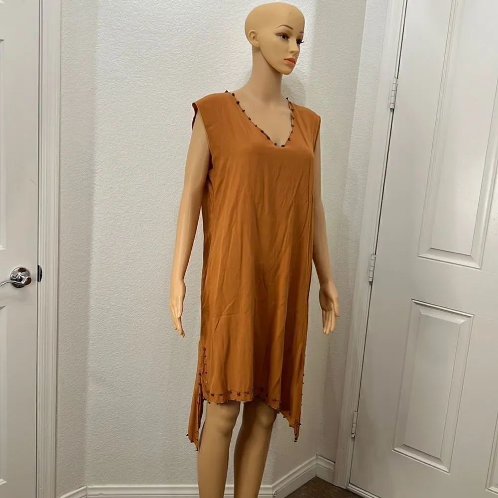 Ruby’s Moods Resort Wear XL Beaded V Neck Multi Layered Hem Short Sleeve Dress